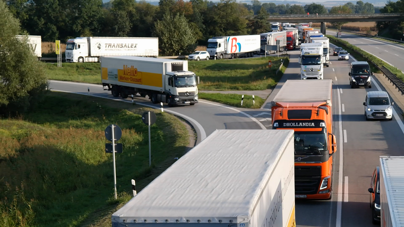 Grenzkontrollen: Laster verlassen an der Ausfahrt Pocking die Autobahn, um Stau und langen Wartezeiten zu entgehen.